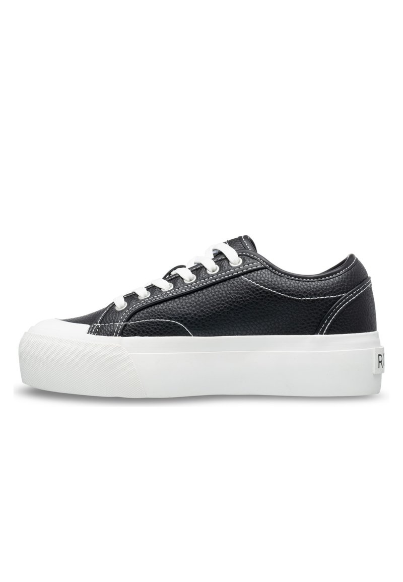 Black leather sneaker with a textured finish, white rubber sole, and classic lace-up design. Features white stitching and branded heel accent.