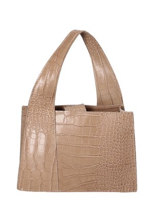 Borsa a mano beige in pelle sintetica effetto coccodrillo con spalline larghe, forma rettangolare e apertura superiore.