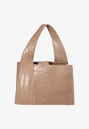 Beige faux crocodile leather handbag with wide straps, rectangular shape, and open top, designed for handheld use.