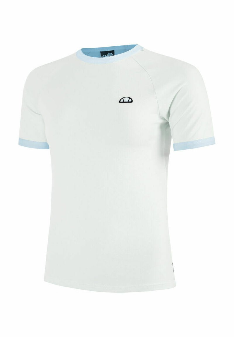 Weißes kurzärmliges T-Shirt mit hellblauen Akzenten, das ein kleines schwarzes Logo auf der Brust trägt. Hergestellt aus glattem Stoff mit taillierter Passform.