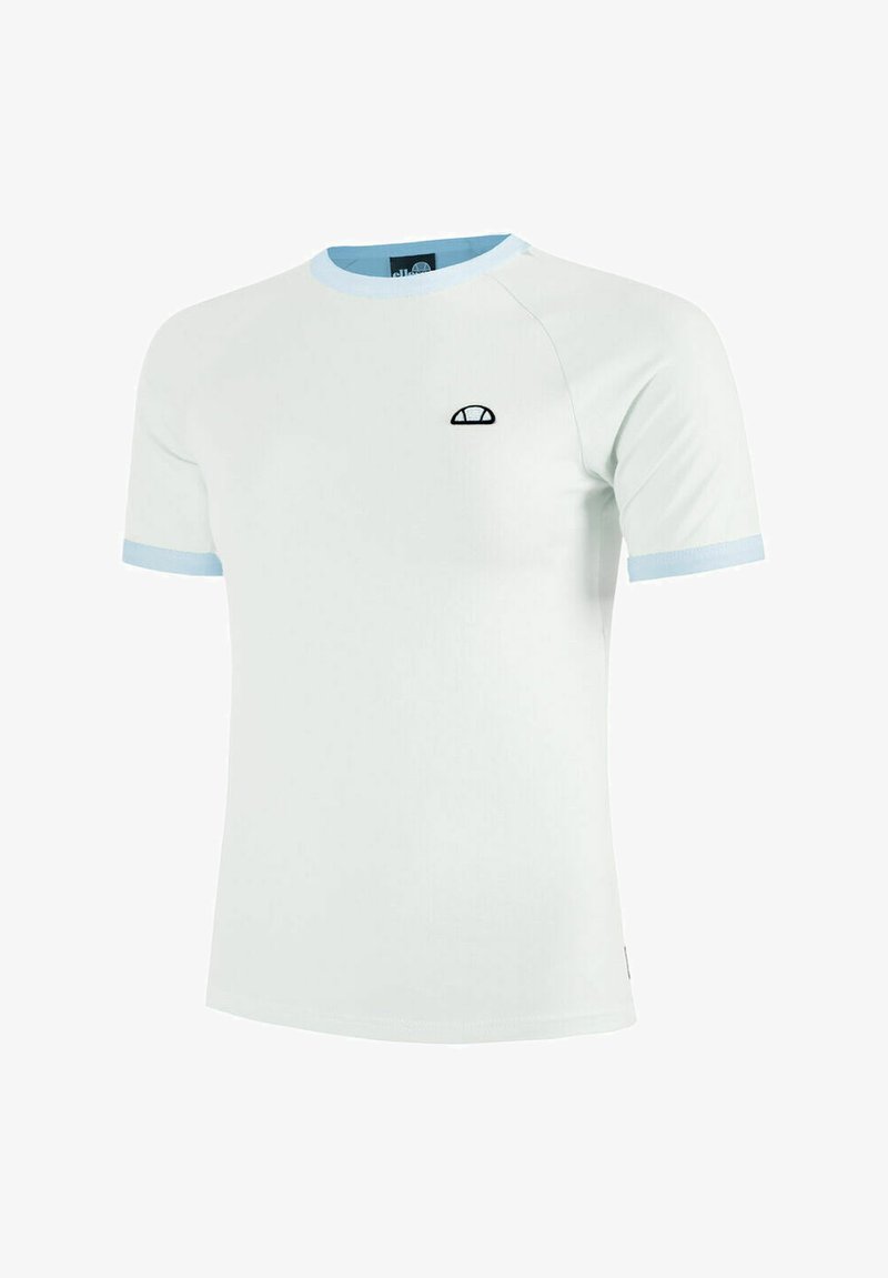 Witte T-shirt met korte mouwen en lichtblauwe afwerking, met een klein zwart logo op de borst. Gemaakt van gladde stof met een slim fit ontwerp.
