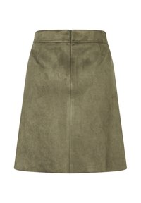 Olivengrüner Wildlederrock mit glatter Textur, geradem Schnitt, Reißverschluss auf der Rückseite und ohne sichtbare Taschen oder Muster.