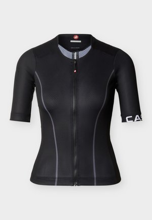 Čierny krátky cyklistický dres s predným zipsom, jemné sivé kontúry a biely nápis "CASTELLI" na pravej rukáve.