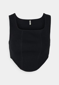 Camisola cropped preta com decote quadrado, design ajustado e bainha arredondada. Apresenta costuras visíveis e um rótulo tecido no decote.