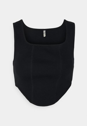 Camisola cropped preta com decote quadrado, design ajustado e bainha arredondada. Apresenta costuras visíveis e um rótulo tecido no decote.