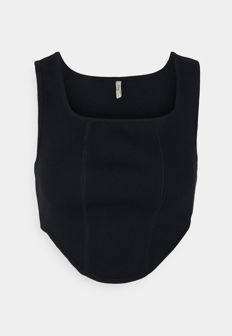 Camisola cropped preta com decote quadrado, design ajustado e bainha arredondada. Apresenta costuras visíveis e um rótulo tecido no decote.