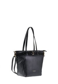 Zwarte leren tote bag met textuur, dubbele handgrepen, verstelbare schouderriem, goudkleurige hardware en subtiele branding aan de zijkant.