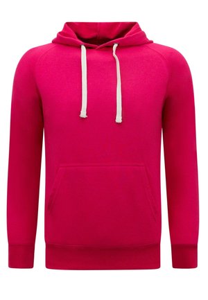 Felle roze hoodie met witte trekkoorden, een voorste kangoeroezak, ribbelmanchetten en -zoom. Zachte stof met een geborstelde textuur.