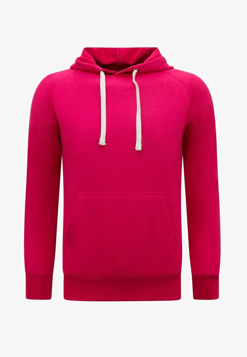 Felle roze hoodie met witte trekkoorden, een voorste kangoeroezak, ribbelmanchetten en -zoom. Zachte stof met een geborstelde textuur.
