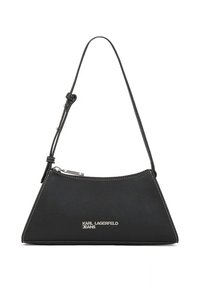 Black leather handbag with a triangular shape, white stitching, and a logo reading "KARL LAGERFELD JEANS" on the front. Adjustable strap.
