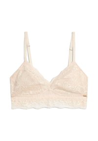 Bralette in pizzo color beige chiaro con spalline regolabili. Presenta un motivo floreale, una fascia sotto morbida e dettagli con orlo a scallop.