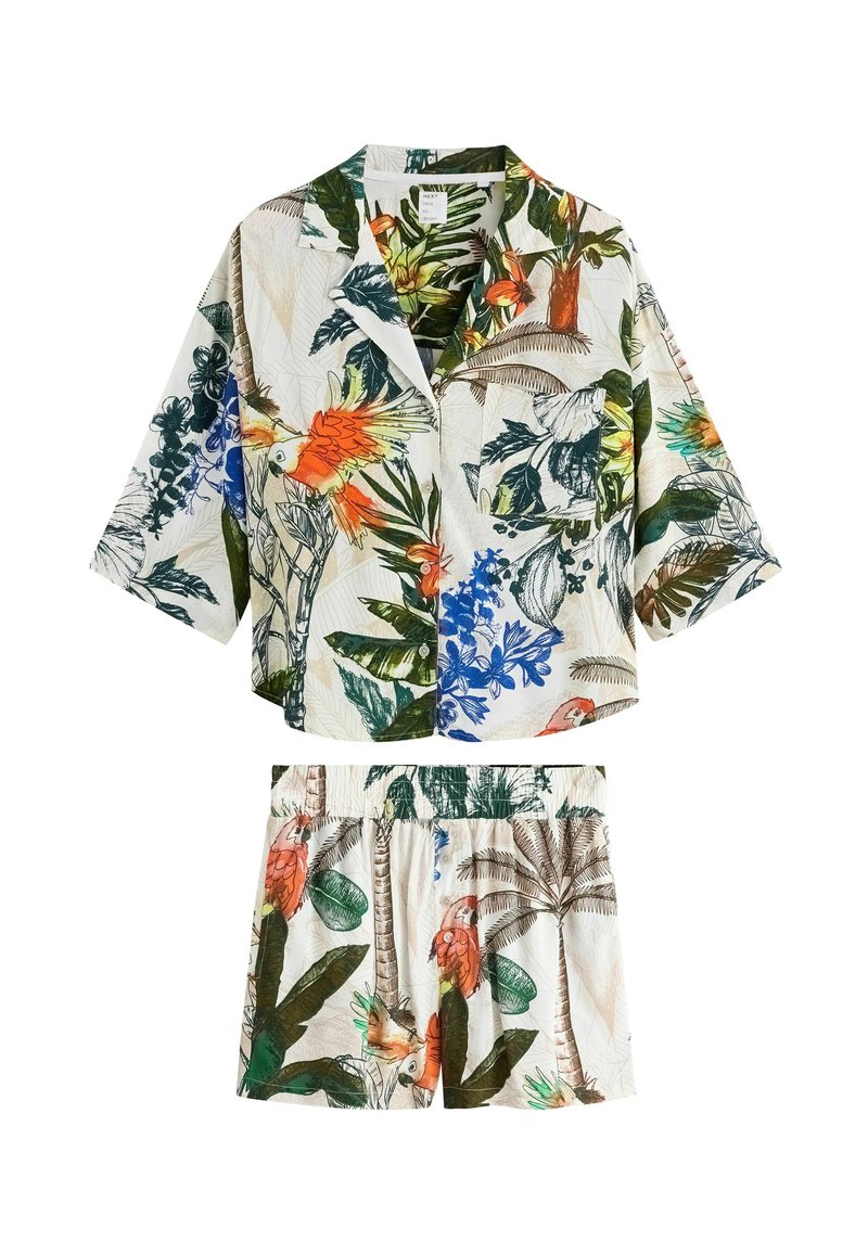 Cămașă cu mânecă scurtă cu imprimeu floral și pantaloni scurți asortați, prezentând culori vibrante, motive tropicale și croială lejeră cu talie elastică.