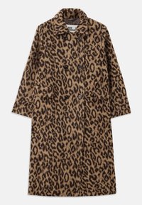 Leopardi kuosi takki ruskeassa ja mustassa, kaksirivinen malli, kauluksen leikkaus ja kaksi etutaskua. Pehmeä tekstuuri.