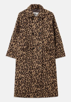 Leopard print coat in brown and black, featuring a double-breasted design, notched collar, and two front pockets. Soft texture.
