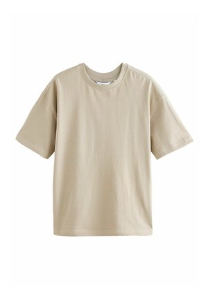 T-shirt in cotone beige con maniche corte, collo rotondo, vestibilità comoda e texture liscia. Nessun motivo o grafica presente.