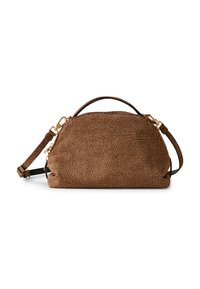 Brown textured handbag with a rounded shape, gold-tone hardware, and a detachable strap. Surface features a pebbled pattern.