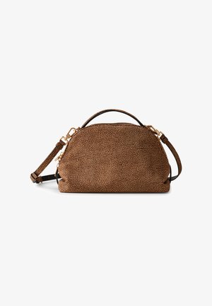 Brown textured handbag with a rounded shape, gold-tone hardware, and a detachable strap. Surface features a pebbled pattern.