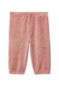 Leggings pour tout-petits rose à nervures avec taille élastique, dotés d'une texture douce et d'ourlets froncés, conçus pour le confort et la mobilité.