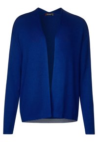 Blå öppen långärmad cardigan med ribbad textur och en "Street One"-etikett vid halslinningen.