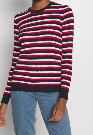 Red, white, and navy striped ribbed sweater with long sleeves and a round neckline. Material appears soft with a fitted design.