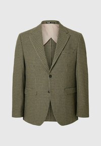 Marynarka w kratę houndstooth, w odcieniach zieleni i brązu, z dwoma przednimi kieszeniami, dwiema guzikami i wyciętym kołnierzem. Wnętrze jest w kolorze beżowym.