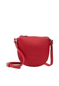 Czerwona skórzana torebka crossbody w okrągłym kształcie, z teksturowanym wykończeniem, zamkiem błyskawicznym i wytłoczonym logo. W zestawie regulowany pasek.