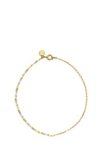 Bracciale in oro con piccole perline multicolori nelle tonalità di verde, giallo, rosa e blu, dotato di una chiusura sicura e di un ciondolo con logo.