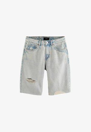Shorts in denim bluastro chiaro con strappi sfrangitati, cinque tasche, chiusura con bottone e passanti per la cintura. Tessuto morbido con una finitura sbiadita.