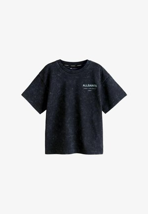 Donkerblauw katoenen t-shirt met een gestructureerde afwerking, korte mouwen, ronde hals en het "ALLSAINTS"-logo in groen gedrukt op de borst.