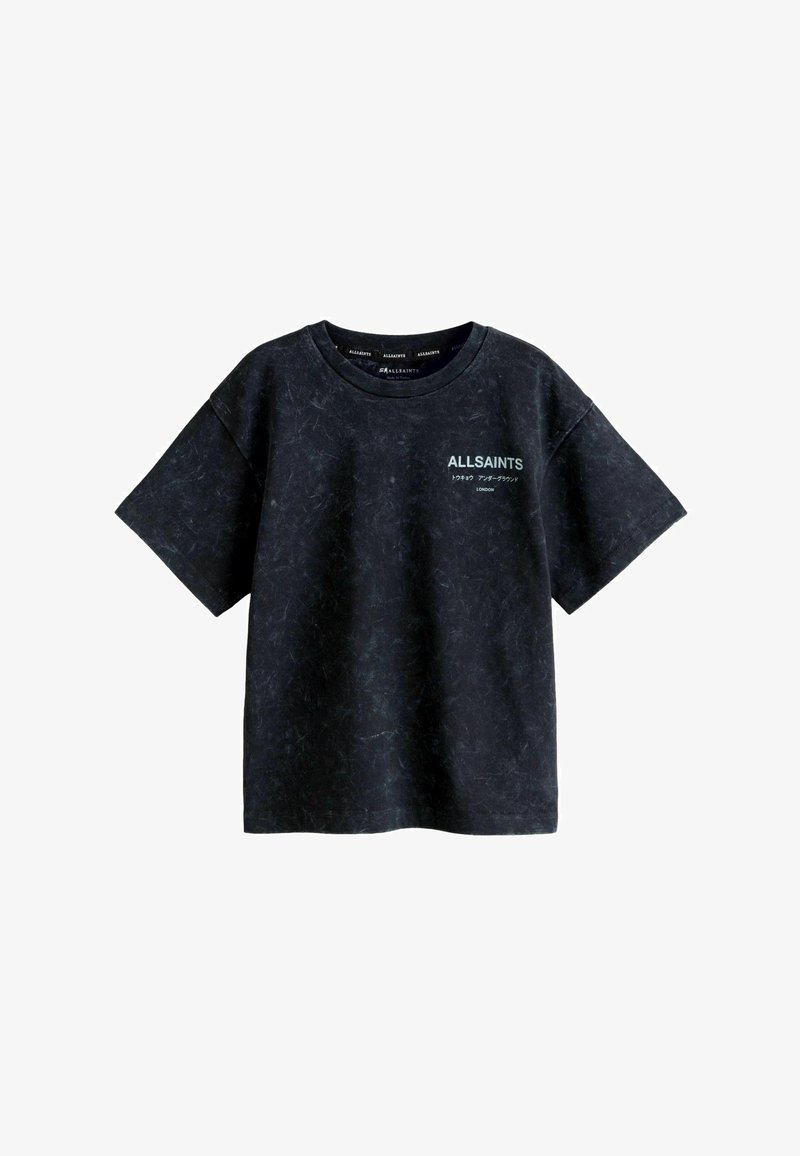 Tumši zila kokvilnas T-krekls ar strukturētu apdari, īsām piedurknēm, apaļu kaklu un uz krūtīm zaļā krāsā izdrukātu “ALLSAINTS” logotipu.