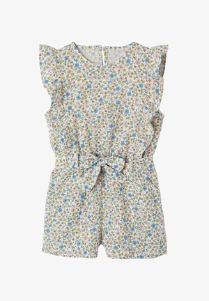 Ärmelloser, geblümter Overall mit Rüschenschultern, rundem Ausschnitt, Stoffgürtel, der vorne gebunden ist, mit kleinen blauen, rosa und gelben Blumen auf weißem Hintergrund.