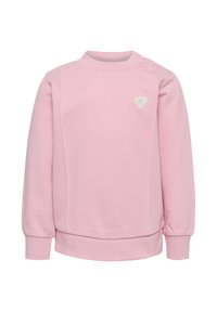 Roze sweatshirt van zacht materiaal, met een ronde halslijn, lange mouwen met bijeen geraapte manchetten en een geborduurde bloemdetail.