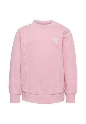 Rosa Sweatshirt aus weichem Material, mit rundem Ausschnitt, langen Ärmeln mit gerafften Rippbündchen und einem gestickten Blumendetail.