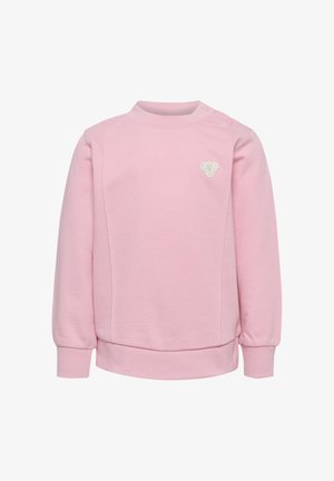Lyserød sweatshirt lavet af blødt materiale, med rund halsudskæring, lange ærmer med samlede manchetter og broderet blomstermotiv.