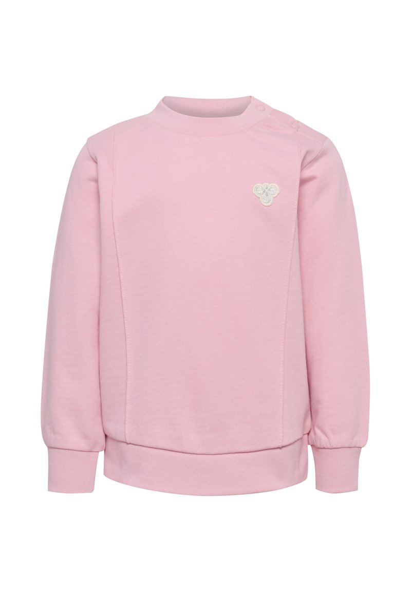 Roze sweatshirt van zacht materiaal, met een ronde halslijn, lange mouwen met bijeen geraapte manchetten en een geborduurde bloemdetail.