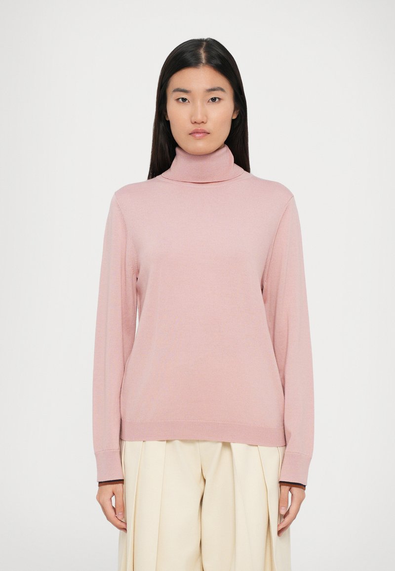 Maglione a collo alto rosa chiaro con maniche lunghe e collo a coste, realizzato in un materiale morbido e leggero. Design semplice senza motivi.