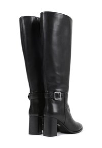 Bottes hautes jusqu'au genou en cuir noir, avec un bout arrondi, un talon bloc, un détail de boucle latérale et une texture lisse.