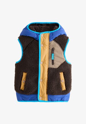 Ærmeløs fleecevest med blå kant, brun tekstureret krop, blå hætte, gul frontpanel og lynlåslomme på højre side af brystet.