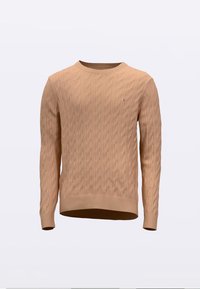 Jersey de punto trenzado en beige claro, hecho de material suave. Cuenta con cuello redondo y puños acanalados. Pequeño logo en el pecho.