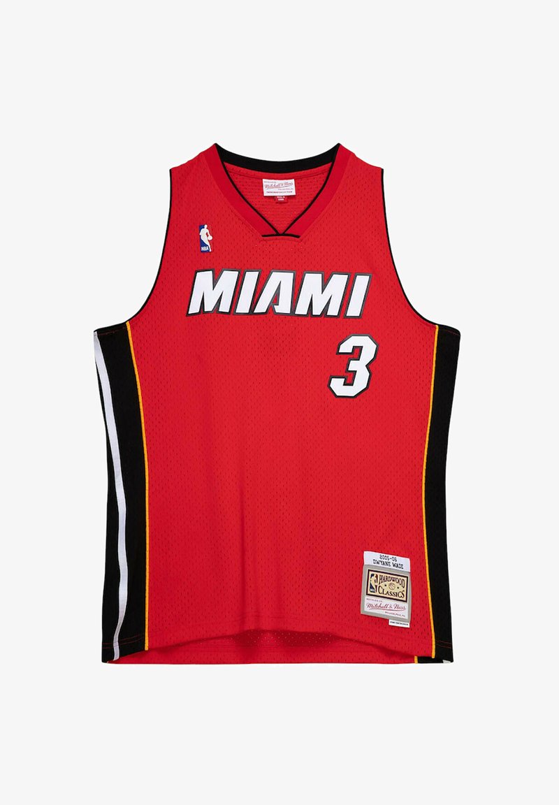 Red basketball jersey with "MIAMI" in white letters, number "3" in white. Features black sides and yellow accents, made of mesh material.