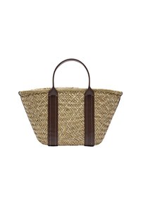 Woven straw basket in a wide, open shape, featuring two brown leather handles with white stitching, finished edges, and a natural texture.