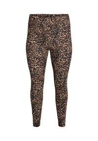 Leggings med leopardprint, der har et glat, strækbart stof, høj talje og en indsnævret pasform i en kombination af brune og sorte farver.