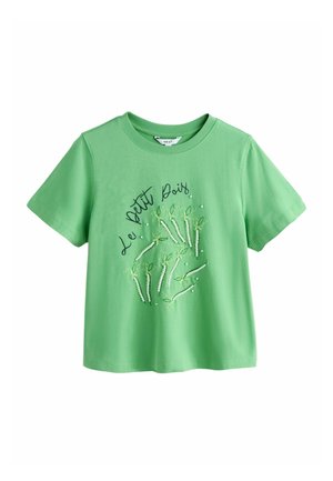 Green short-sleeve t-shirt with "Le Petit Pois" text and embroidered pea pods with small white beads on front.