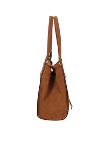 Brown suede handbag with two top handles, a soft structure, and contrasting black trim. Features a spacious interior opening.