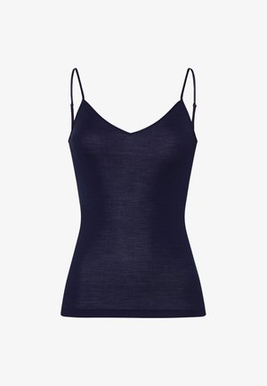Canotta senza maniche di colore blu navy con scollatura a V. Realizzata in tessuto morbido e leggero, presenta spalline sottili e regolabili. Texture liscia.