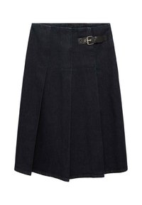 Mörk denimkjol med en åtsittande midja, sidospänne, plisserad design och en något utställd silhuett. Sömdetaljer överallt.