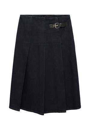 Dark denim skirt with a fitted waist, side buckle detail, pleated design, and a slightly flared silhouette. Seam detailing throughout.