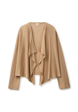Beiger langärmeliger Cardigan mit offener Vorderseite und drapierten Frontpaneelen, aus weichem Strickstoff, dargestellt auf weißem Hintergrund.