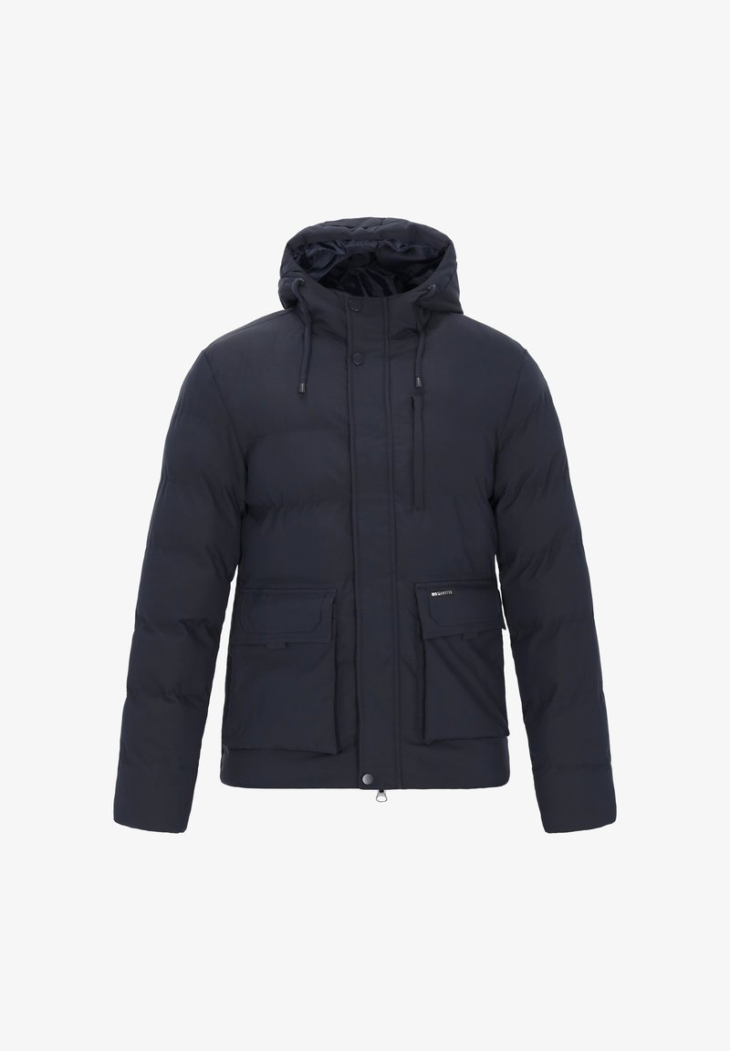 Granatowa kurtka puchowa z kapturem, wyposażona w zamek błyskawiczny i zatrzaski, ściągacz oraz dwie przednie kieszenie z klapkami i małą naszywką z logo.