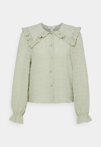 Light green blouse with a textured pattern, a ruffled collar, button-front design, and gathered cuffs. Crafted from lightweight fabric.
